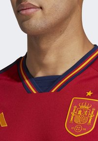 Červený fotbalový dres s tmavě modrým límcem, zdobený žlutými a červenými pruhy. Obsahuje žlutý emblém s motivem koruny a štítu.