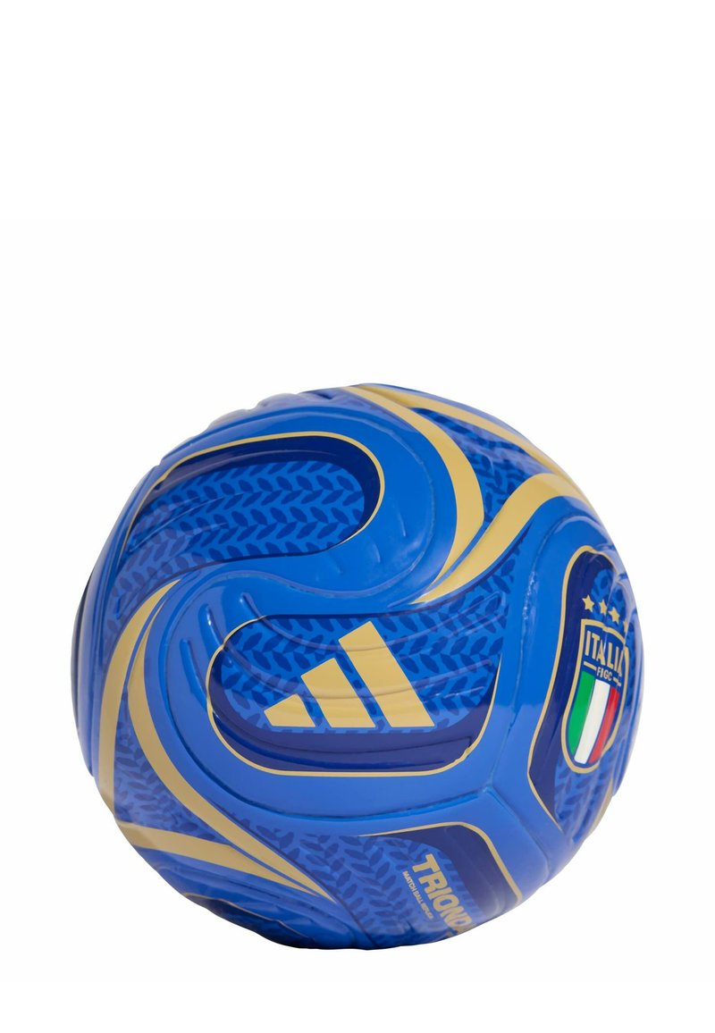 Pallone da calcio Adidas blu e oro con logo Italia FIGC e motivi ondulati dettagliati su sfondo bianco.