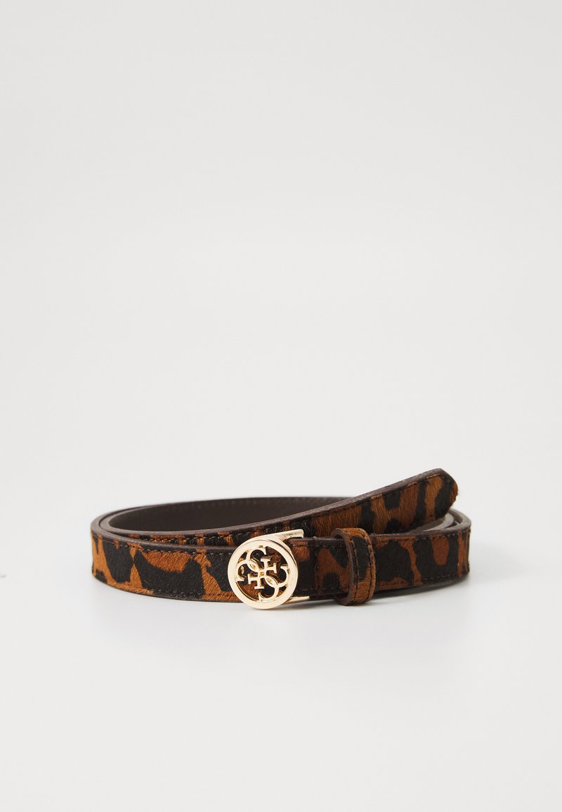 Leather belt with leopard print in brown and black, featuring a gold-tone circular buckle with a logo. Flat design, smooth texture.