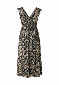 Robe midi sans manches à col en V avec bretelles nouées aux épaules, taille cintrée, ourlet à volants, et motif géométrique abstrait noir, beige et pêche.