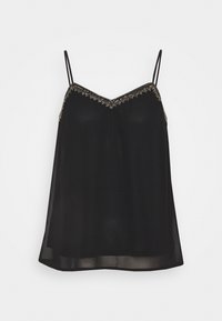 Camiseta negra transparente con tirantes delgados ajustables, que presenta un escote decorativo con cuentas y un corte suelto y fluido.