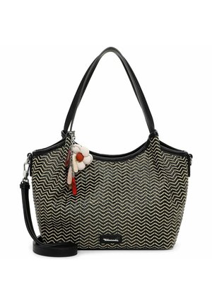 Bolso con patrón de zigzag negro y beige, con dos asas, correa de hombro desmontable y un adorno de flor con cuentas colgantes.