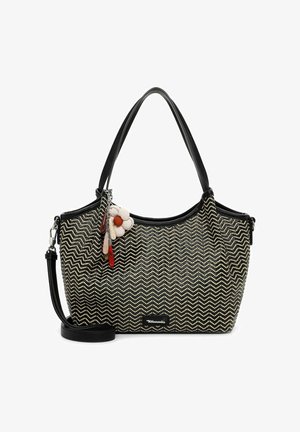 Sac à main à motif zigzag noir et beige avec double poignée, bandoulière amovible et breloque fleur avec perles suspendues.