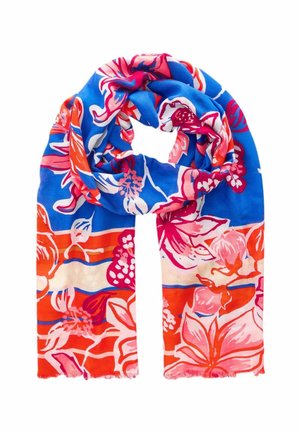 Tørklæde med levende blomsterprint i blå, rød, pink og hvid, med store blomster og blade med frynsekant.