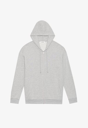 Vaaleanharmaa täyspitkä huppari, jossa on etutaskut ja nyöritettävä huppu, esitetty litteänä valkoista taustaa vasten.