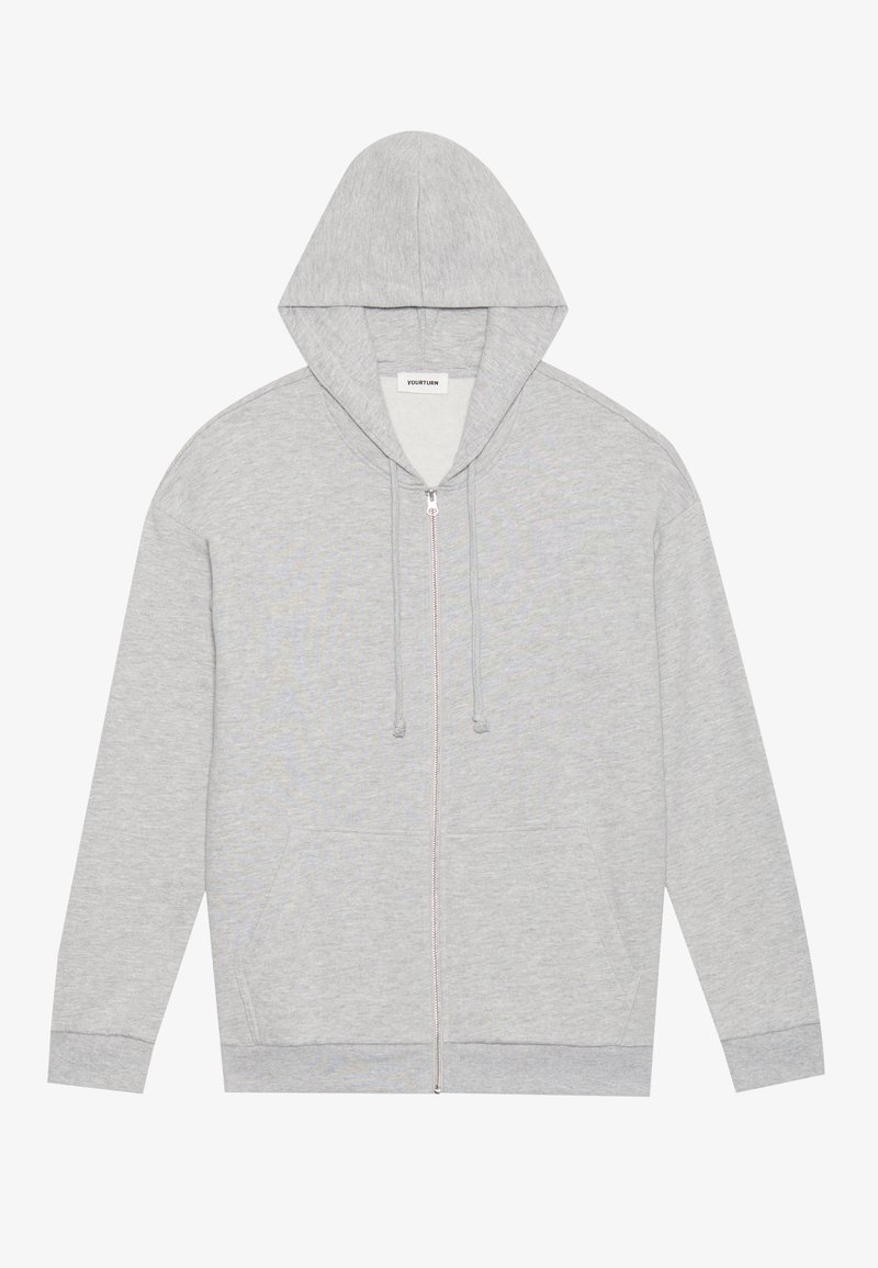 Hellgraue Kapuzenjacke mit durchgehendem Reißverschluss, Fronttaschen und Kordelzugkapuze, flach auf einem weißen Hintergrund präsentiert.