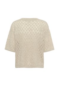 Beige strikket kortærmet sweater med et struktureret mønster, der har et åbent vævemønster og en rund halsudskæring.