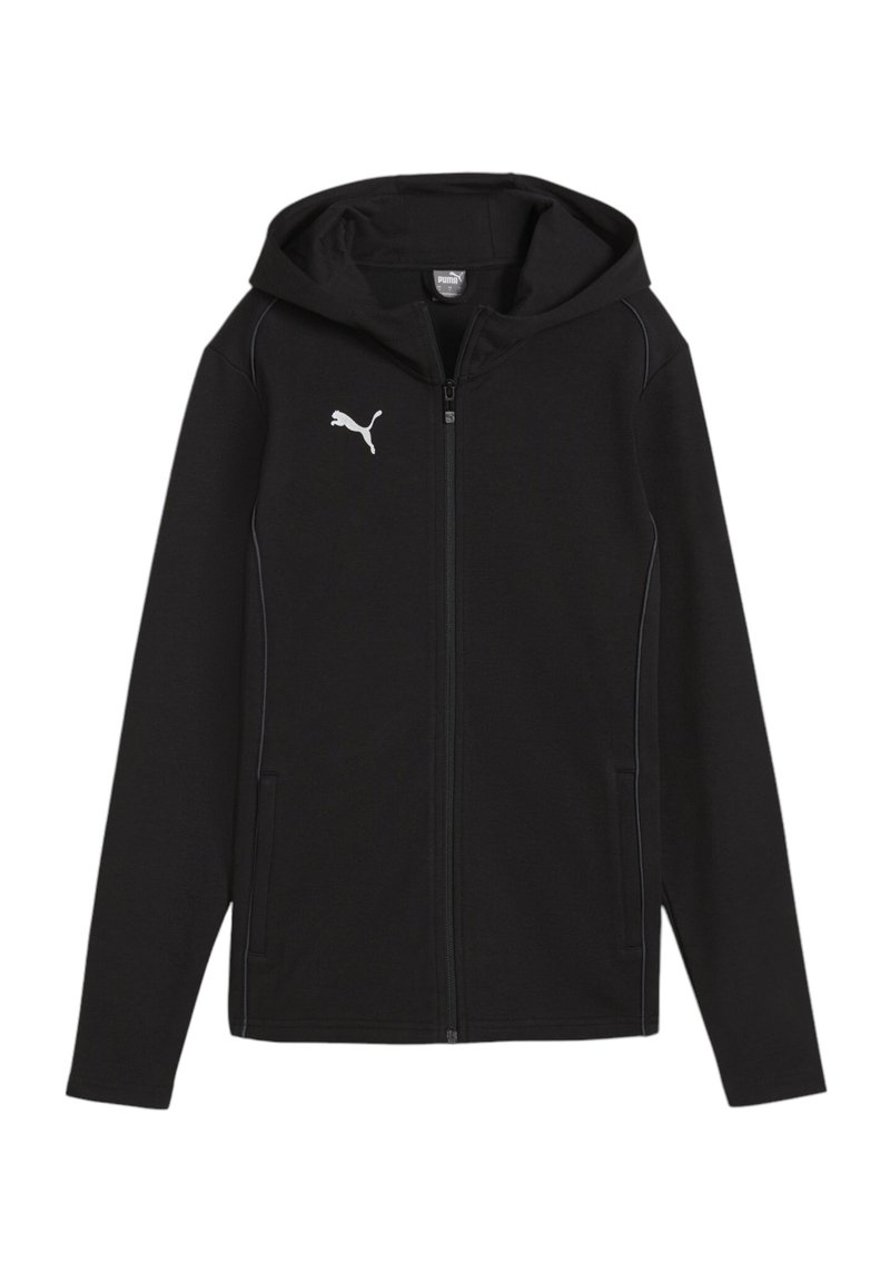 Zwarte hoodie met rits, gemaakt van zachte stof, met een zilveren Puma-logo op de linkerborst en zijzakken met contrasterende stiksels.