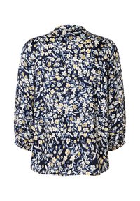 Marinebluse mit floralem Muster in Gelb und Hellblau, lockere Passform, geraffte Ärmel und klassischem Kragen.
