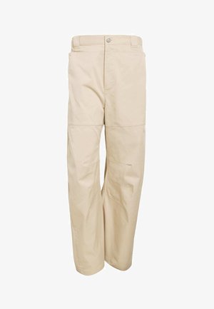 Béžové bavlnené nohavice s voľným strihom, vybavené gombíkovým zapínaním, pútkami na opasok, bočnými vreckami a hladkou textúrou.
