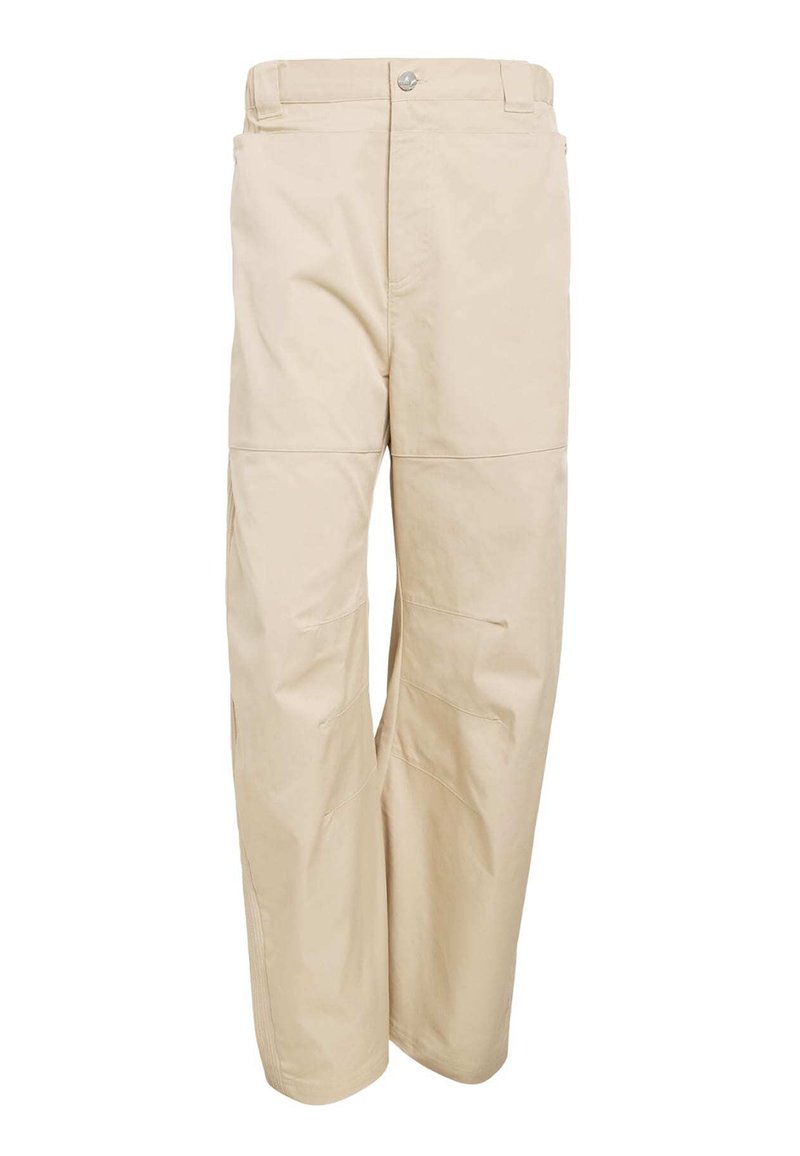 Beige cotton trousers with a relaxed fit, featuring a button closure, belt loops, side pockets, and a smooth texture.