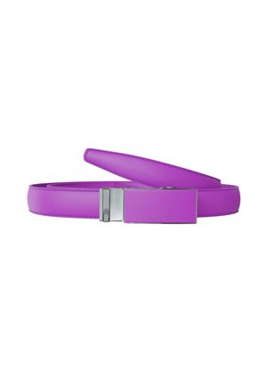 Purple leather belt with a rectangular silver buckle, partially coiled on a white background.