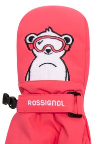 Rosa vantar med ett design av en isbjörn och skidglasögon, med ett broderat ansikte i vitt och svart. Inkluderar en märkesrem.
