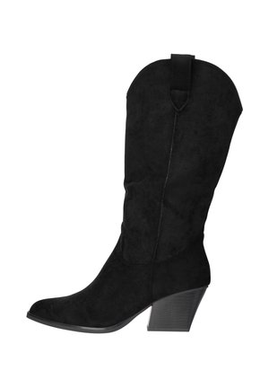 Zwarte suède westernlaars tot halverwege de kuit met een puntige neus en een gestapelde blokhak, voorzien van een trekkoord aan de bovenkant van de schacht.