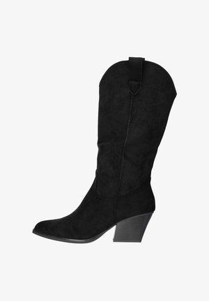 Zwarte suède westernlaars tot halverwege de kuit met een puntige neus en een gestapelde blokhak, voorzien van een trekkoord aan de bovenkant van de schacht.