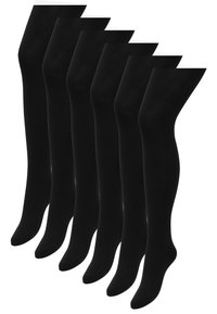 Sex par svarta strumpbyxor, tillverkade av slät och mjuk tyg, med en klassisk design och matt yta, som har förstärkta tår men inga mönster eller detaljer.