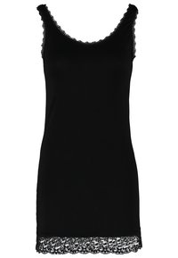 Svart linne med rundad halsringning och spetsdetaljer längs kanterna. Tillverkat av ett glatt tyg, med en figursydd silhuett.