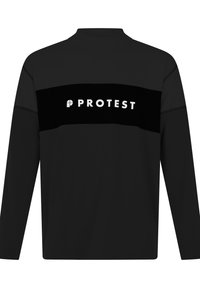 Schwarzes Langarmshirt mit texturiertem schwarzen horizontalen Streifen und weißem "PROTEST"-Logo. Hoher Kragen und gestickte Details an den Ärmeln.
