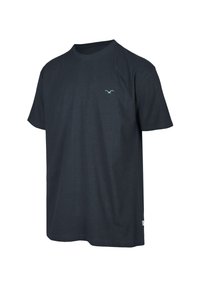 Schwarz Baumwoll-T-Shirt mit Rundhalsausschnitt, kurzen Ärmeln und einem kleinen grünen Vogel-Logo auf der linken Brust. Klassische gerade Schnittführung.