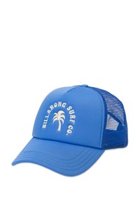 Cappello blu con parte anteriore solida e retro in rete. Presenta la scritta "BILLABONG SURF CO." ricamata in bianco con un disegno di palma. Forma strutturata.