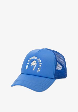 Blauwe pet met een solide voorkant en een mesh achterkant. Bevat "BILLABONG SURF CO." geborduurd in het wit met een palmbomontage. Gestructureerde vorm.