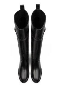 Black leather knee-high boots with a smooth texture, rounded toe, and a back pull tab. Features minimalistic design and subtle stitching details.