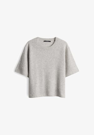 Maglione corto grigio chiaro a maniche corte con scollatura rotonda, dalla vestibilità comoda, texture morbida e collo a costine, esposto su uno sfondo bianco.