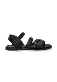 Zwarte leren sandalen met verschillende bandontwerpen, een platte zool en verstelbare gespsluitingen voor een secure pasvorm.