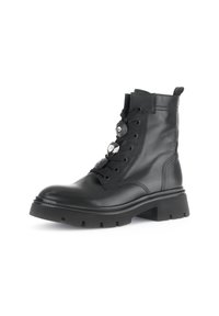 Black leather ankle boots with a rugged sole, lace-up front, and metallic accents. Features a sturdy block heel and reinforced stitching.