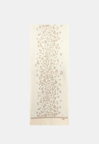 Sciarpa con motivo leopardato in crema con accenti in oro metallico. Realizzata in tessuto morbido, presenta una finitura testurizzata e un bordo decorativo.