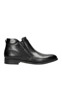 Schwarze Leder-Ankle-Boots mit einem seitlichen Reißverschluss, runder Zehenpartie und kleinem gestapeltem Absatz. Glatte Textur mit minimalen Nähten.