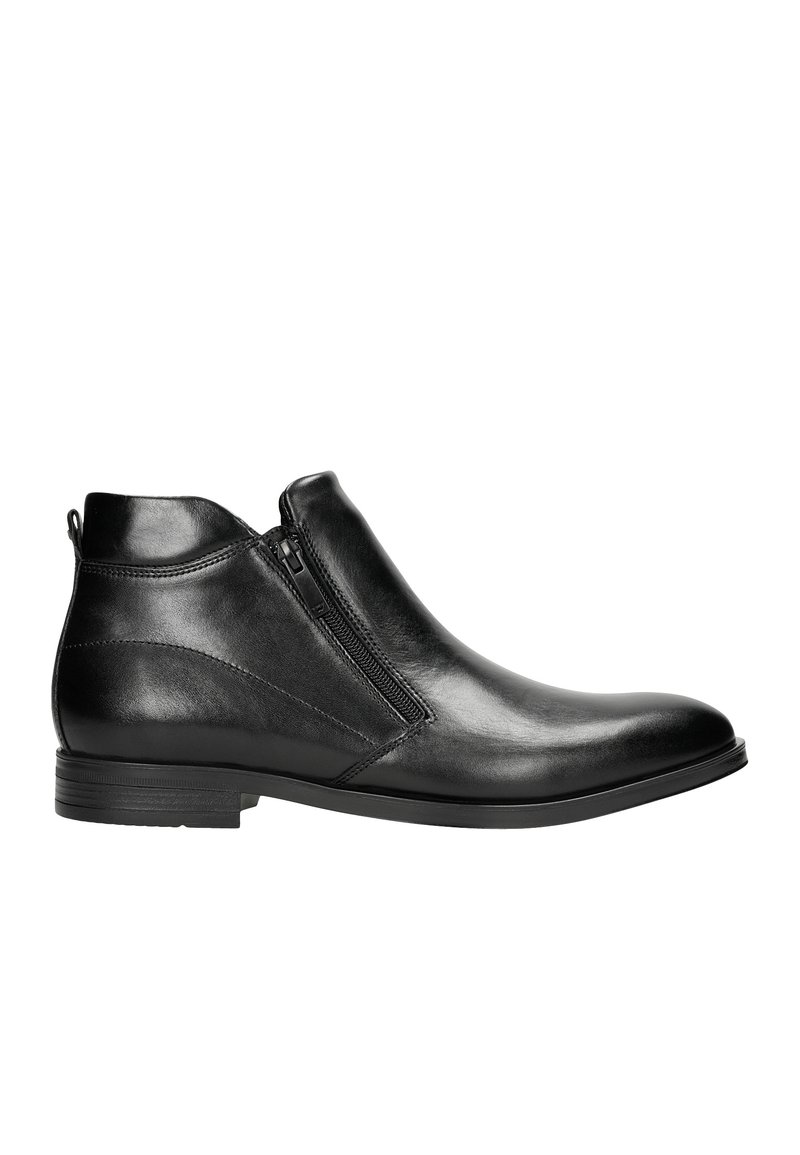 Schwarze Leder-Ankle-Boots mit einem seitlichen Reißverschluss, runder Zehenpartie und kleinem gestapeltem Absatz. Glatte Textur mit minimalen Nähten.