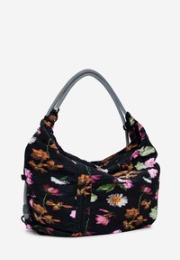 Black floral shoulder bag with multicolored flower patterns, featuring a textured fabric and striped handle. Soft and structured design.