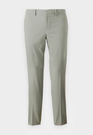 Hellgraue Hose mit taillierter Passform, aus glattem Stoff, mit geraden Beinen und einem schlichten Bund ohne sichtbare Beschläge.