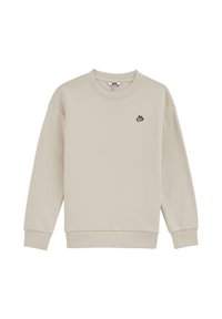 Hanorac bej din țesătură moale, cu decolteu rotund și mâneci lungi. Include un mic logo negru pe piept.