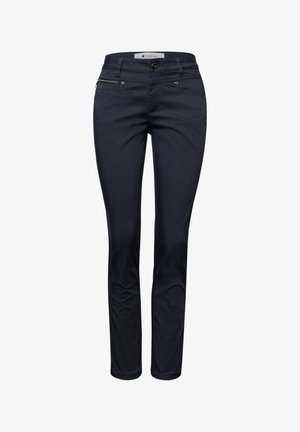 Granatowe obcisłe spodnie z przodu zapinane na guzik i zamek błyskawiczny, z bocznymi kieszeniami oraz małą kieszonką na zamek po prawej stronie biodra.