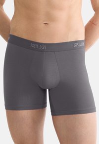 Gray boxer briefs with a wide elastic waistband featuring the brand name. Smooth fabric with a fitted design and mid-thigh length.