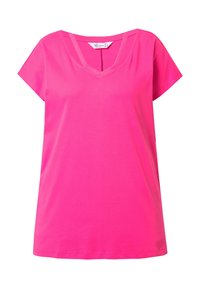 Fuchsie růžové tričko s krátkým rukávem a véčkovým výstřihem, vyrobené z měkké a hladké tkaniny. Má volný střih a jednoduchý design.