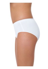 Slip bianchi con una texture liscia e elastica. Presentano una vita alta e lati senza cuciture per un design minimalista.