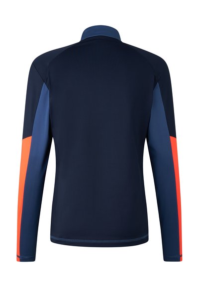 Long-sleeve sports shirt in navy blue, featuring contrasting orange and blue side panels, smooth texture, and a stand-up collar design.