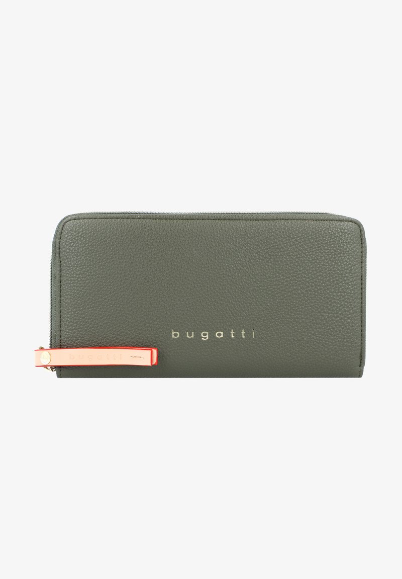 Green leather wallet with textured surface, gold "bugatti" logo, and a contrasting red zipper pull. Rectangular shape with zip closure.