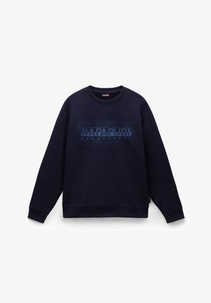 Navyblauwe crewneck sweatshirt van zachte stof met een opvallend textuur "Napapijri Geographic" logo aan de voorkant.