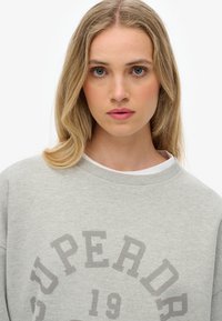 Sudadera gris claro con cuello redondo, con un gran logotipo en gris más oscuro, textura suave y corte relajado.