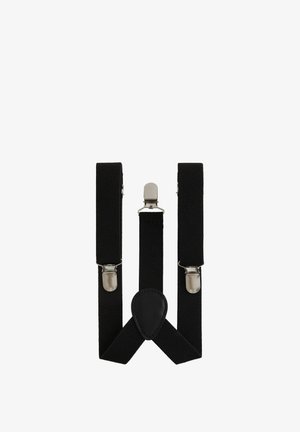 Tirantes de tela negra con diseño en forma de Y, que cuentan con clips de metal plateado y una pieza central de cuero. Presentan una textura duradera y una estructura sencilla.