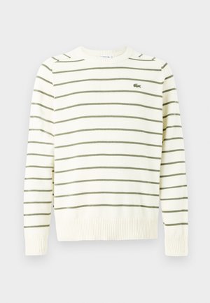 Svetlo bež pulover z olivno zelenimi vodoravnimi črtami, ribanimi manšetami in robom, z majhnim logotipom na levem prsnem delu.