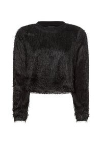 Schwarzer verkürzter Pullover mit langen Ärmeln, aus einem flauschigen Textilmaterial. Mit rundem Halsausschnitt und rohen Saumdetails. Weicher Look.