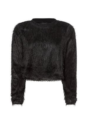 Black cropped sweater with long sleeves, made of fuzzy textured fabric. Features a round neckline and raw hem details. Soft appearance.
