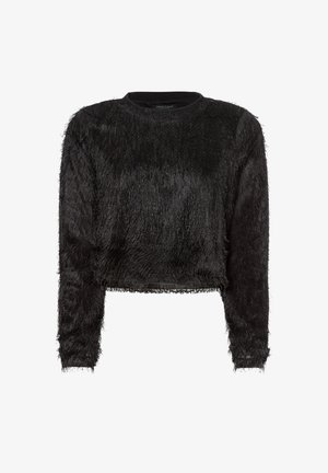 Schwarzer verkürzter Pullover mit langen Ärmeln, aus einem flauschigen Textilmaterial. Mit rundem Halsausschnitt und rohen Saumdetails. Weicher Look.