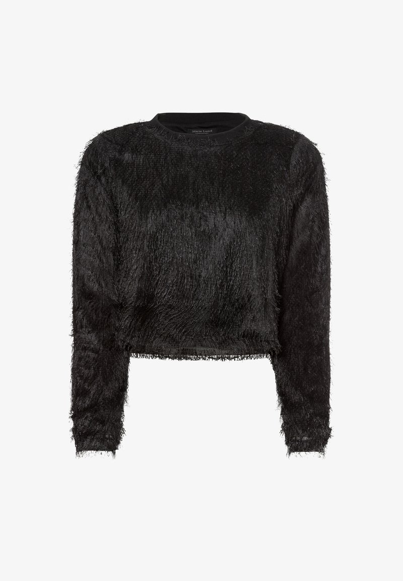 Schwarzer verkürzter Pullover mit langen Ärmeln, aus einem flauschigen Textilmaterial. Mit rundem Halsausschnitt und rohen Saumdetails. Weicher Look.