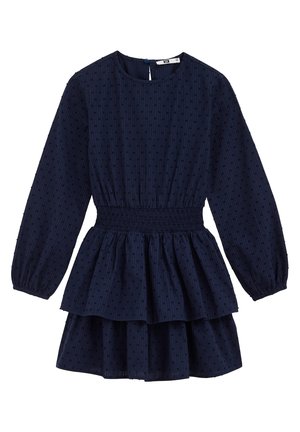 Tiefblaues Kleid aus strukturiertem Stoff mit langen Ärmeln, tailliertem Schnitt und schichtgemäßem Rock. Mit Rundhalsausschnitt und Knopfverschluss hinten.
